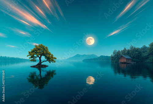 scene of a lake tree at the center of blueish hue of water and on the side located a tiny house and a full moon that reflects in the water - generated by ai