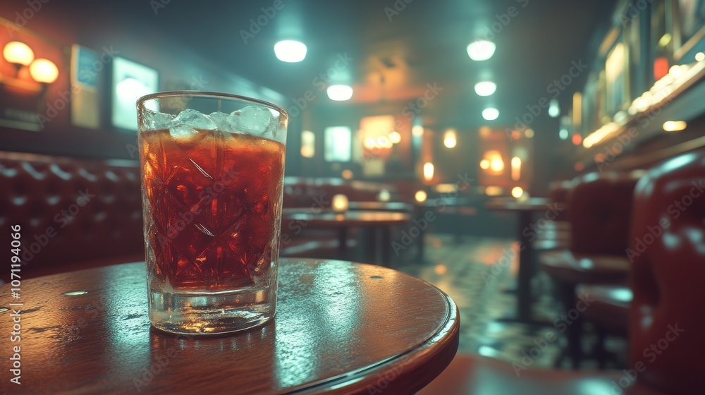 A glass of dark drink with ice sits on a table in a dimly lit bar. A glass of dark drink with ice sits on a table in a dimly lit bar.