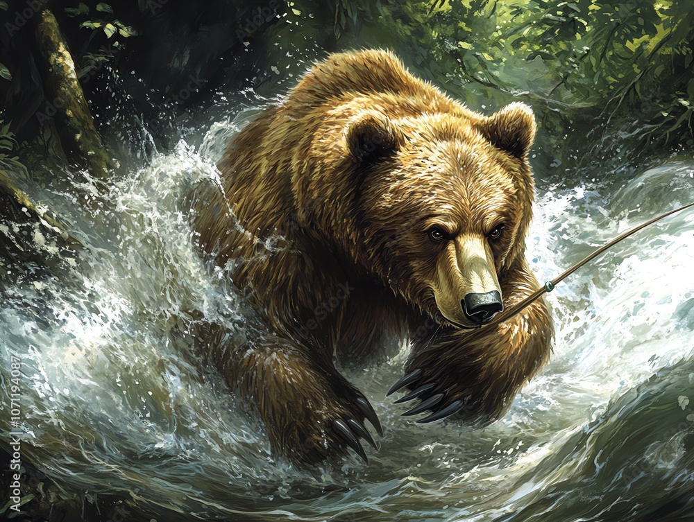 Obraz premium A large brown bear catches a fish in a rushing river with its claws and mouth.