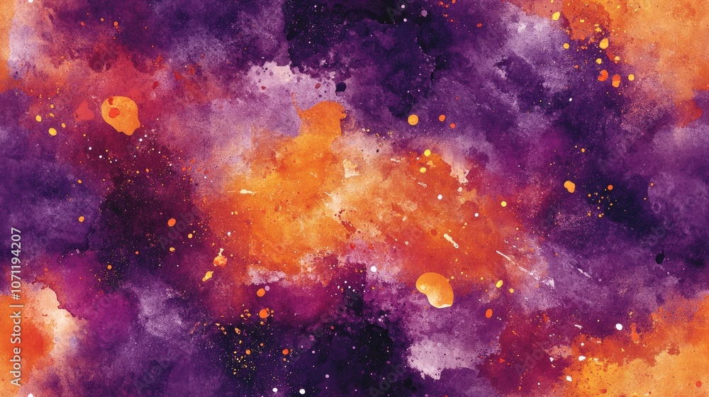 Fototapeta premium Seamless pattern of vibrant purple and orange watercolor ink splashes ideal for fabric design and art projects