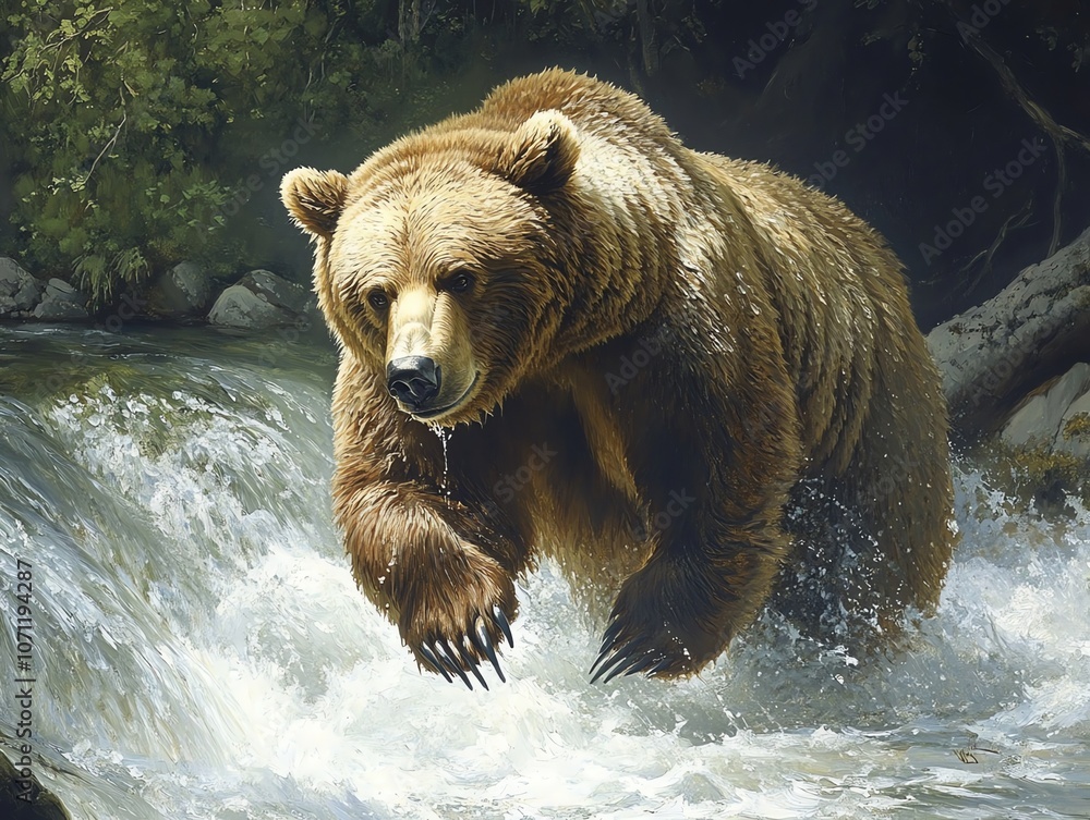 Obraz premium A large brown bear stands on a rocky ledge in a rushing river, its paws extended as it looks for fish.