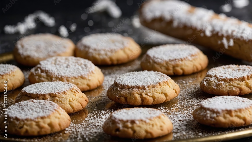 A tray of freshly baked cookies dusted with powdered sugar, showcasing a delicious dessert. A tray of freshly baked cookies dusted with powdered sugar, showcasing a delicious dessert.