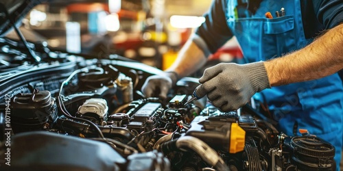 Mechanic working on a truck engine in an auto repair shop with diagnostic tools.