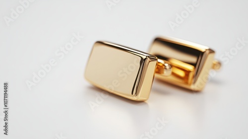 Polished gold cufflinks, isolated on a white background, perfect for formal wear and style themes