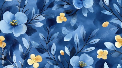 Watercolor seamless pattern featuring a stunning blue background ideal for fabric design or digital wallpapers