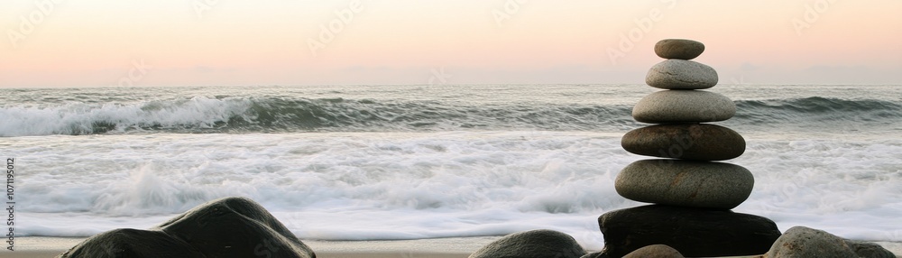 Balanced Stones on Beach with Waves at Sunset Balanced Stones on Beach with Waves at Sunset