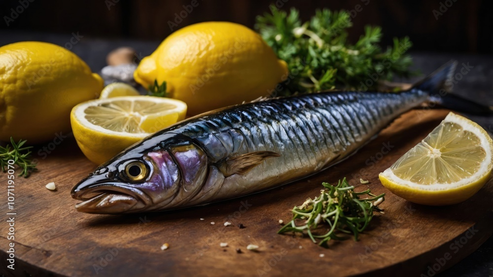 A fresh mackerel fish with lemons and herbs on a wooden board, ready for cooking. A fresh mackerel fish with lemons and herbs on a wooden board, ready for cooking.