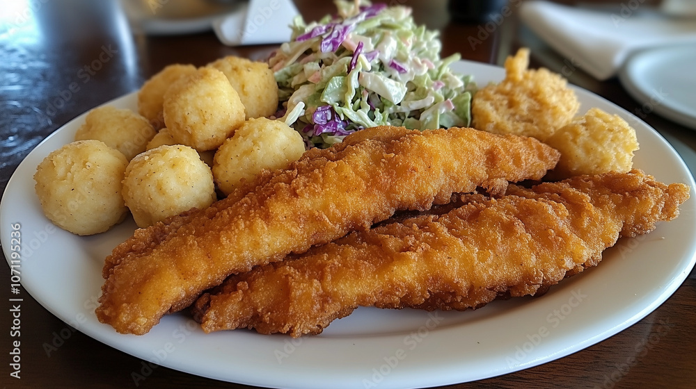 Close-up of crispy fried fish fillets with hush puppies and creamy coleslaw on a white plate Close-up of crispy fried fish fillets with hush puppies and creamy coleslaw on a white plate