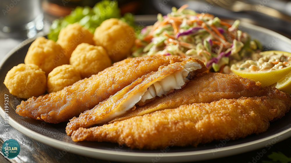 Close-up of crispy fried fish fillets with hushpuppies, coleslaw, and tartar sauce on a plate Close-up of crispy fried fish fillets with hushpuppies, coleslaw, and tartar sauce on a plate