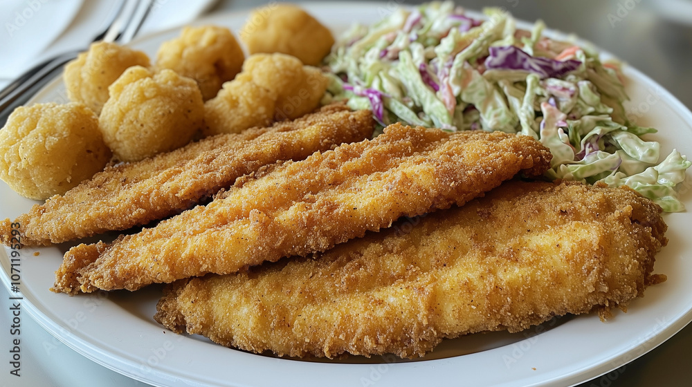 Crispy breaded fish fillets served with hush puppies and creamy coleslaw on a white plate Crispy breaded fish fillets served with hush puppies and creamy coleslaw on a white plate