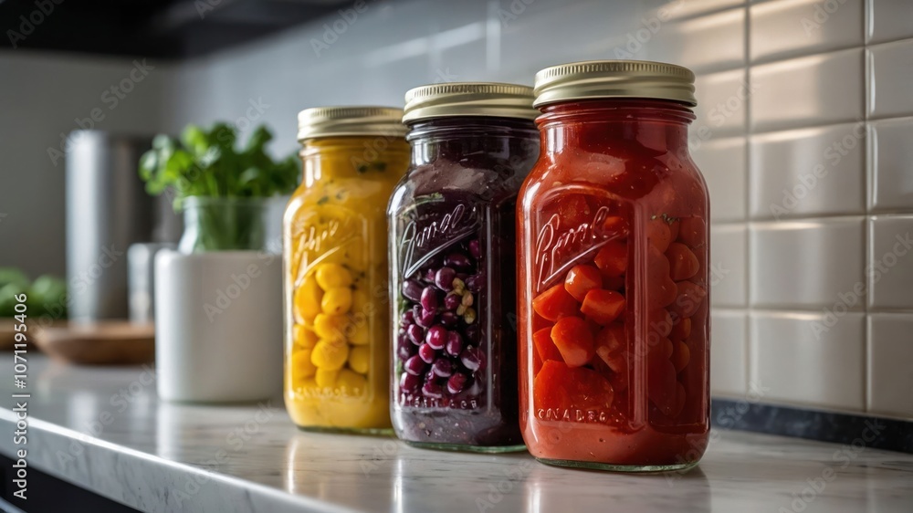 Jars of colorful preserved fruits and vegetables on a kitchen counter. Jars of colorful preserved fruits and vegetables on a kitchen counter.