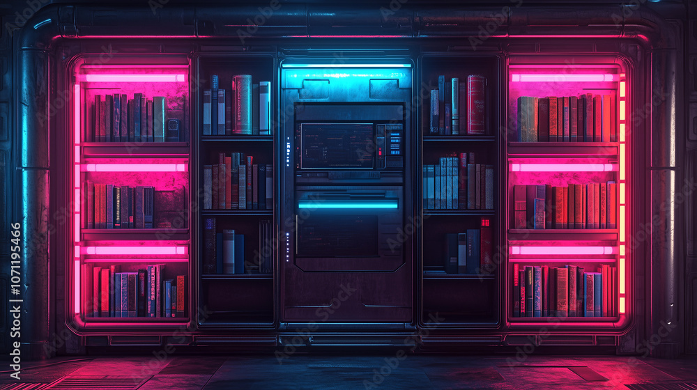 Sci-fi inspired library interior with vibrant neon pink and blue lights illuminating bookshelves Sci-fi inspired library interior with vibrant neon pink and blue lights illuminating bookshelves