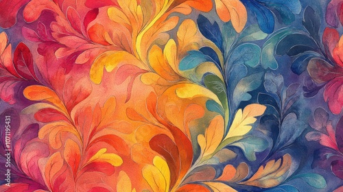Seamless pattern of intricate scrolled leaf designs in vibrant watercolor ideal for textile and wallpaper design