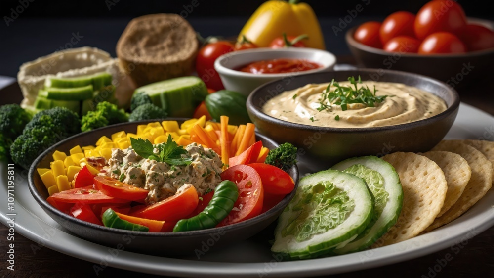 A vibrant platter of fresh vegetables, dips, and snacks for a healthy meal or gathering. A vibrant platter of fresh vegetables, dips, and snacks for a healthy meal or gathering.