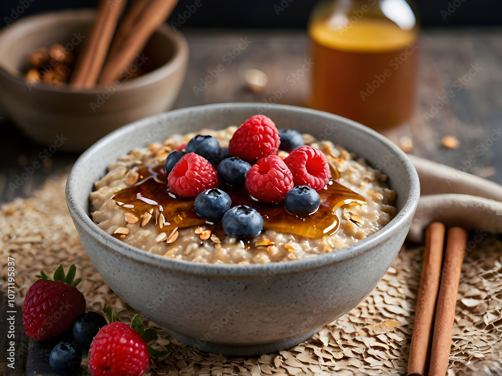 A cozy bowl of oatmeal topped with fresh berries, honey drizzle, and a sprinkle of cinnamon. A cozy bowl of oatmeal topped with fresh berries, honey drizzle, and a sprinkle of cinnamon.