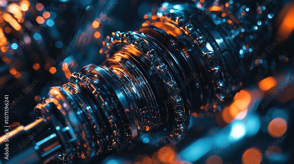 Close-up of a shiny metallic gear train with a blurred background of colorful lights. Close-up of a shiny metallic gear train with a blurred background of colorful lights.