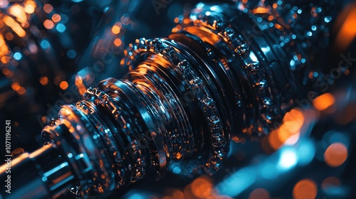 Close-up of a shiny metallic gear train with a blurred background of colorful lights.