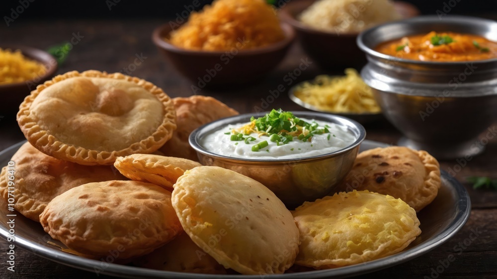 A platter of various Indian snacks, including fried bread and yogurt dip, ideal for sharing. A platter of various Indian snacks, including fried bread and yogurt dip, ideal for sharing.