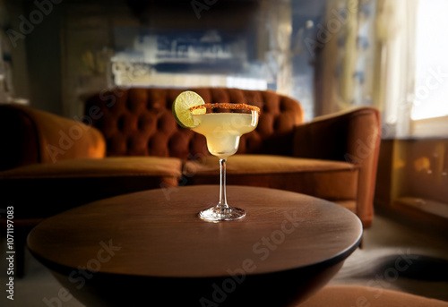 Wallpaper Mural A single margarita rests on a small round table in front of a brown velvet couch. Torontodigital.ca