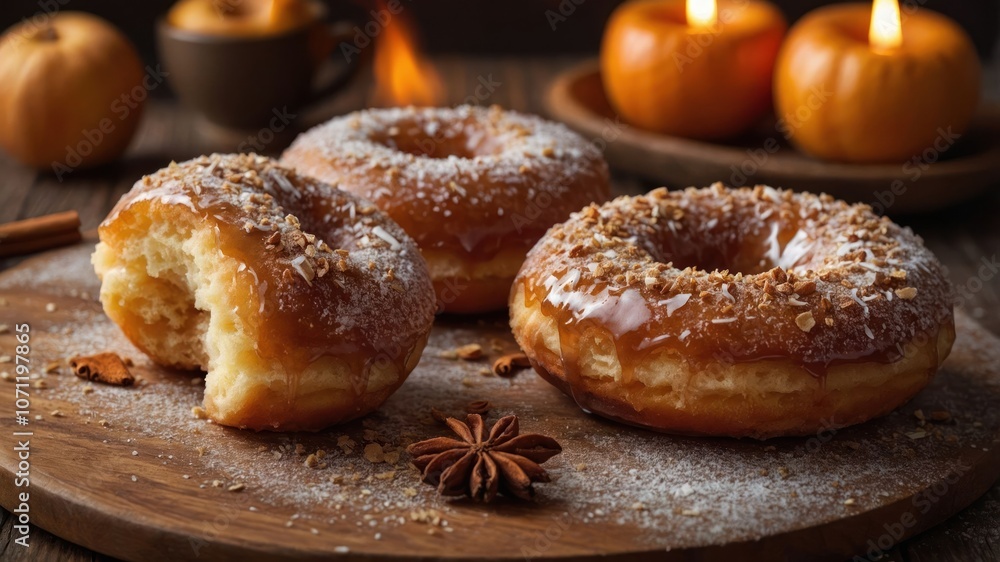 A cozy arrangement of donuts on a wooden board, perfect for a fall-themed gathering. A cozy arrangement of donuts on a wooden board, perfect for a fall-themed gathering.