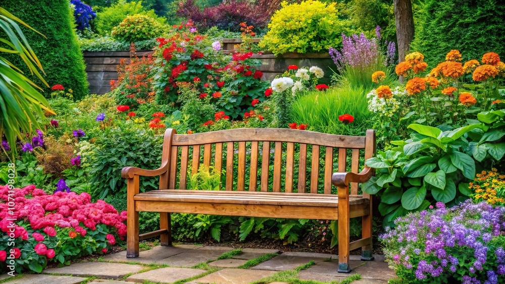A wooden garden bench surrounded by lush greenery and vibrant flowers, serenity, landscape A wooden garden bench surrounded by lush greenery and vibrant flowers, serenity, landscape