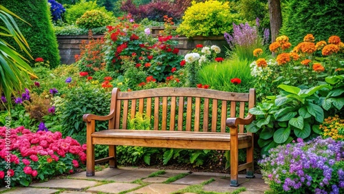 A wooden garden bench surrounded by lush greenery and vibrant flowers, serenity, landscape