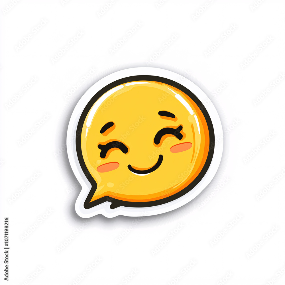 Fototapeta premium A cheerful, smiling yellow speech bubble icon with cute facial features, conveying happiness and friendliness.
