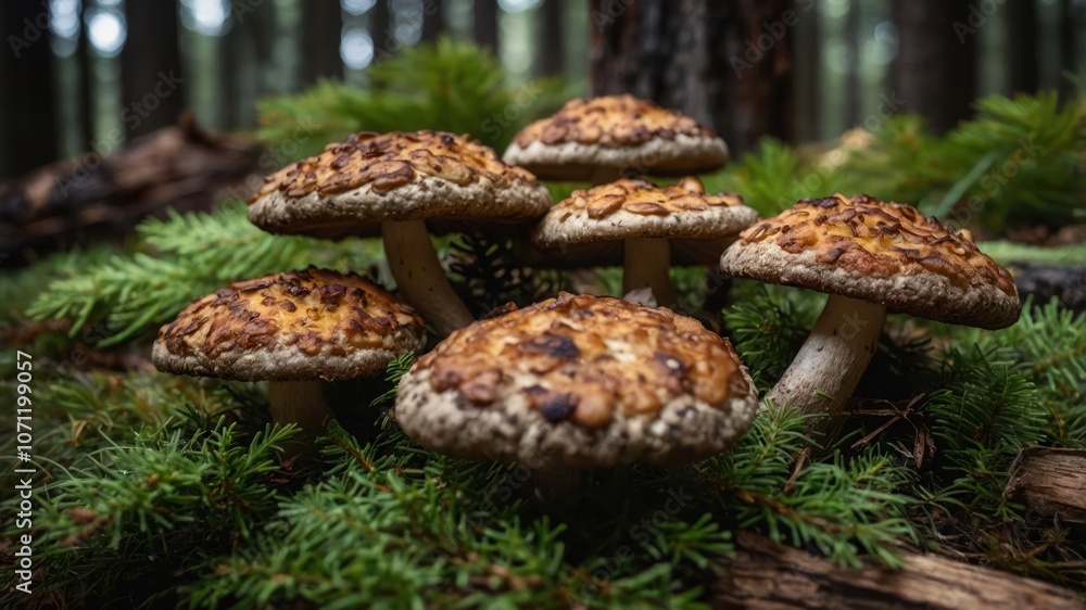 A cluster of mushrooms growing among green forest foliage. A cluster of mushrooms growing among green forest foliage.