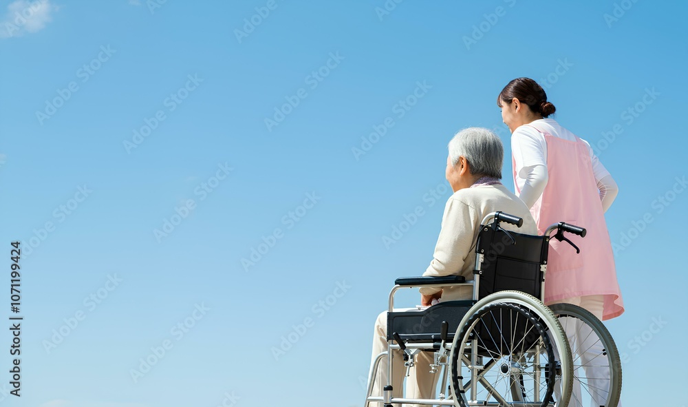 車椅子に乗ったシニア男性と介護者、青空背景|Senior man in a wheelchair and his caregiver, blue sky background 車椅子に乗ったシニア男性と介護者、青空背景|Senior man in a wheelchair and his caregiver, blue sky background
