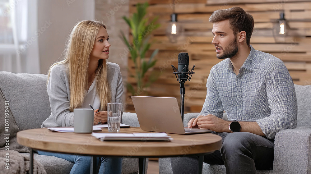 Male reporter having interview with young woman in studio Male reporter having interview with young woman in studio