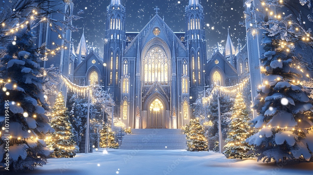 Enchanting winter wonderland surrounds majestic cathedral Enchanting winter wonderland surrounds majestic cathedral