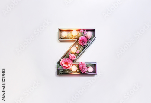 A large silver letter Z with a white background. The letter has small light bulbs on the inside, and a few pink flowers and greenery decorate the letter.