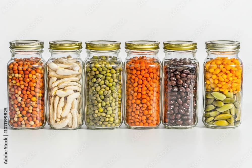 Colorful Legumes in Glass Jars Display Colorful Legumes in Glass Jars Display