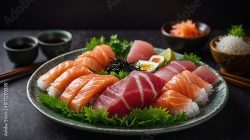 A beautifully arranged sushi platter featuring various types of fish and garnishes.