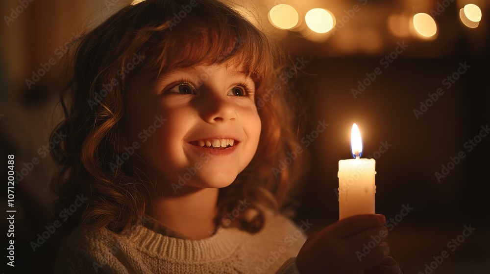 Child holding a lit Hanukkah candle in a warm, intimate setting with soft light illuminating their joyful expression Child holding a lit Hanukkah candle in a warm, intimate setting with soft light illuminating their joyful expression