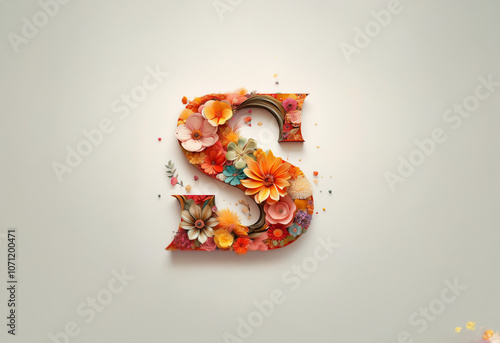 A stylized capital letter S, formed by various colored flowers and leaves against a white background. photo