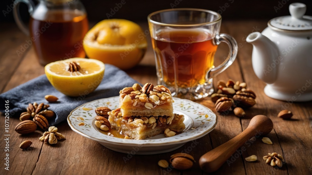 A cozy setting with dessert, nuts, and tea, evoking warmth and indulgence. A cozy setting with dessert, nuts, and tea, evoking warmth and indulgence.