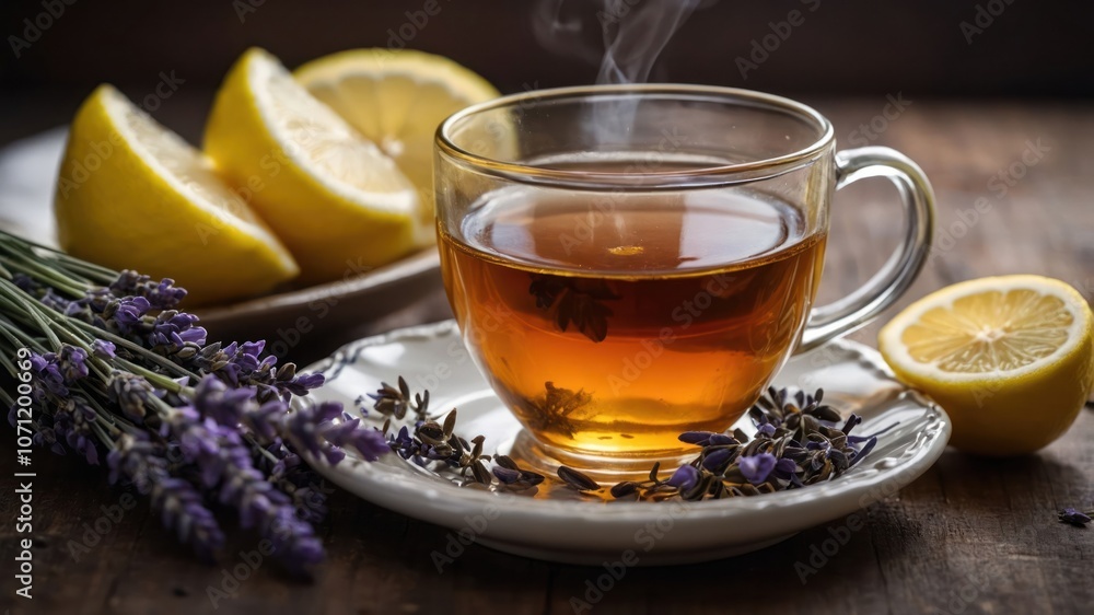 A steaming cup of herbal tea with lemon and lavender, set on a rustic wooden surface. A steaming cup of herbal tea with lemon and lavender, set on a rustic wooden surface.