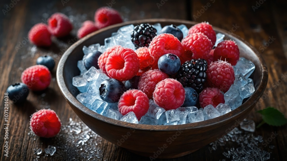 A bowl of mixed berries on ice, showcasing freshness and vibrant colors. A bowl of mixed berries on ice, showcasing freshness and vibrant colors.