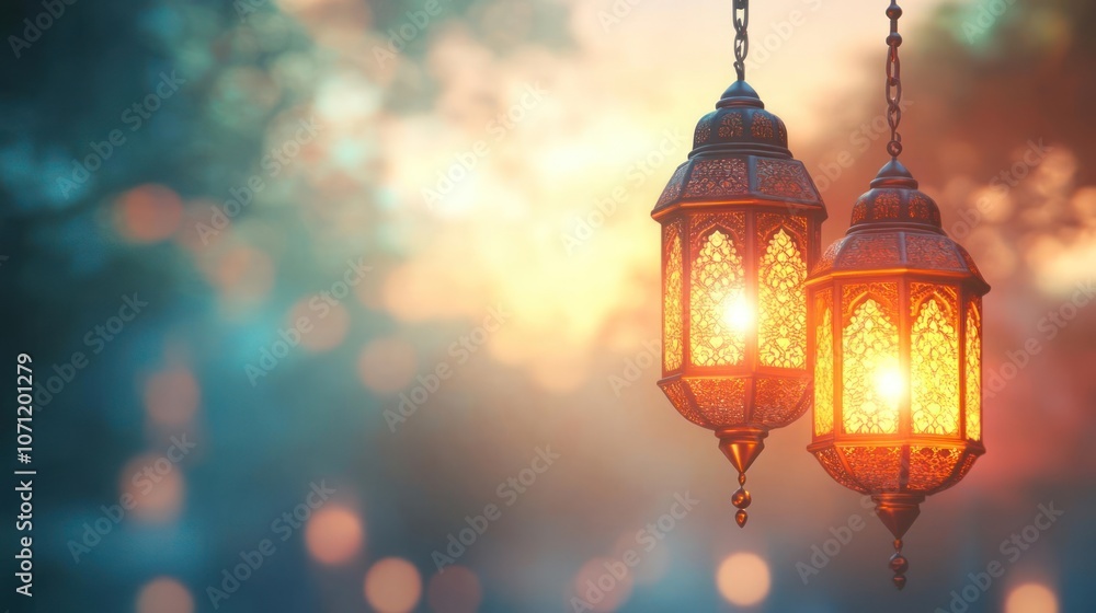 A tranquil scene featuring two hanging lanterns against the backdrop of a forest at sunset or dusk. A tranquil scene featuring two hanging lanterns against the backdrop of a forest at sunset or dusk.