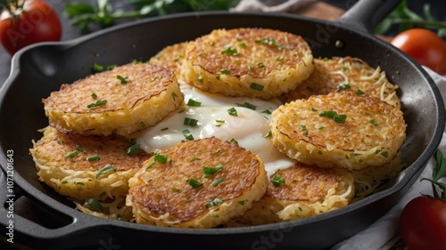 A skillet filled with golden hash browns and a poached egg, garnished with herbs.