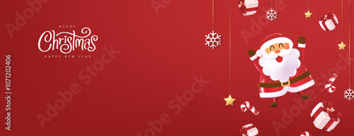 Merry Christmas greeting card banner with cute funny Santa Claus and festive decoration for Christmas holiday