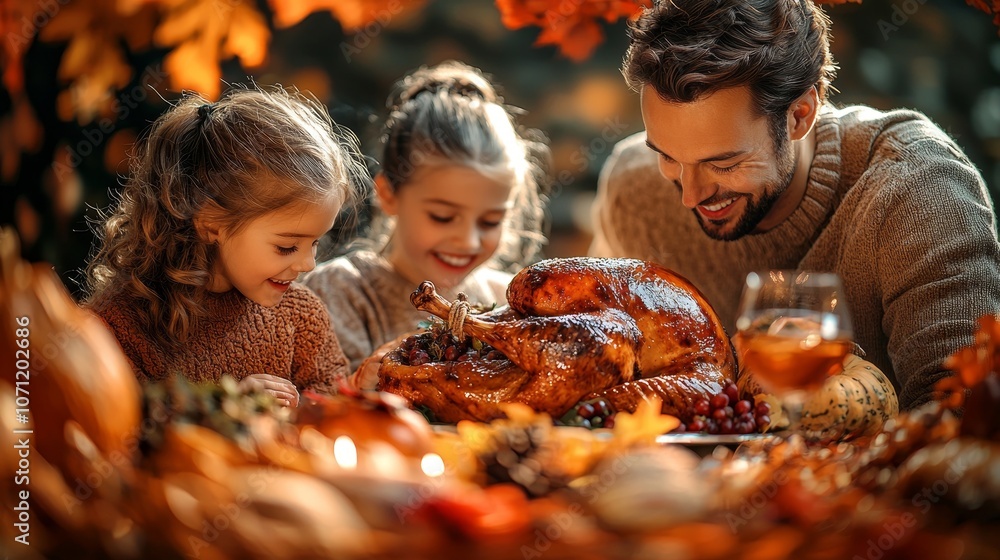A joyful family gathers around a beautifully roasted turkey amidst a festive autumn setting, enjoying Thanksgiving together. A joyful family gathers around a beautifully roasted turkey amidst a festive autumn setting, enjoying Thanksgiving together.