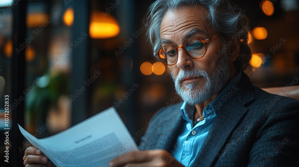 Man examines document under warm lighting Man examines document under warm lighting