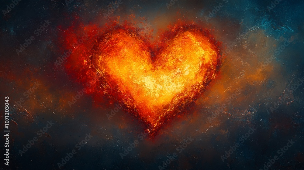 A fiery heart shape burning brightly against a dark, textured background. A fiery heart shape burning brightly against a dark, textured background.