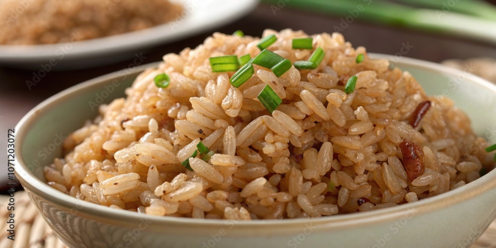 Image of Brown Rice A closeup of cooked brown rice with a slightly chewy texture showing its whole grains. This type of carbohydrate releases glucose more gradually compared to Image of Brown Rice A closeup of cooked brown rice with a slightly chewy texture showing its whole grains. This type of carbohydrate releases glucose more gradually compared to