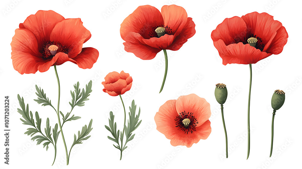 Obraz premium Collection of Red Poppy Flowers in Various Views on white and transparent background. PNG