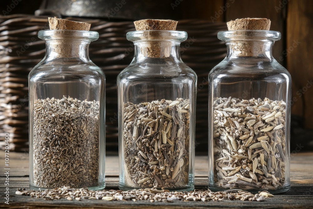 Assorted Dried Herbs in Glass Jars on Wooden Table Assorted Dried Herbs in Glass Jars on Wooden Table
