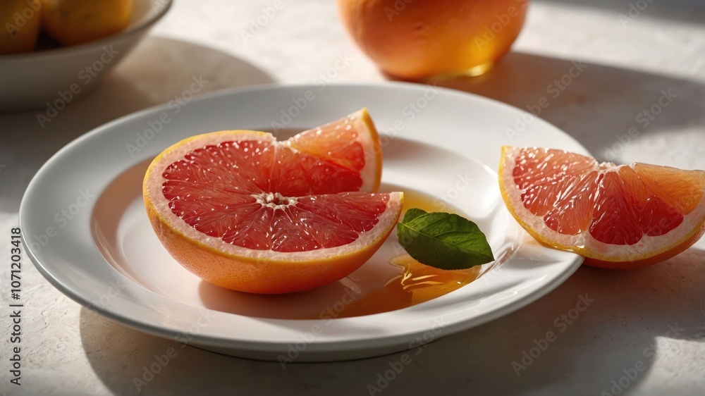 A plate with grapefruit slices and a drizzle of honey, showcasing fresh food aesthetics. A plate with grapefruit slices and a drizzle of honey, showcasing fresh food aesthetics.