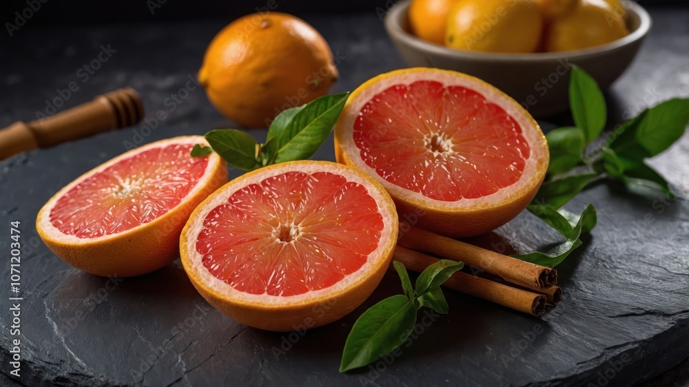 Fresh grapefruit halves with cinnamon sticks and lemons on a dark stone surface. Fresh grapefruit halves with cinnamon sticks and lemons on a dark stone surface.